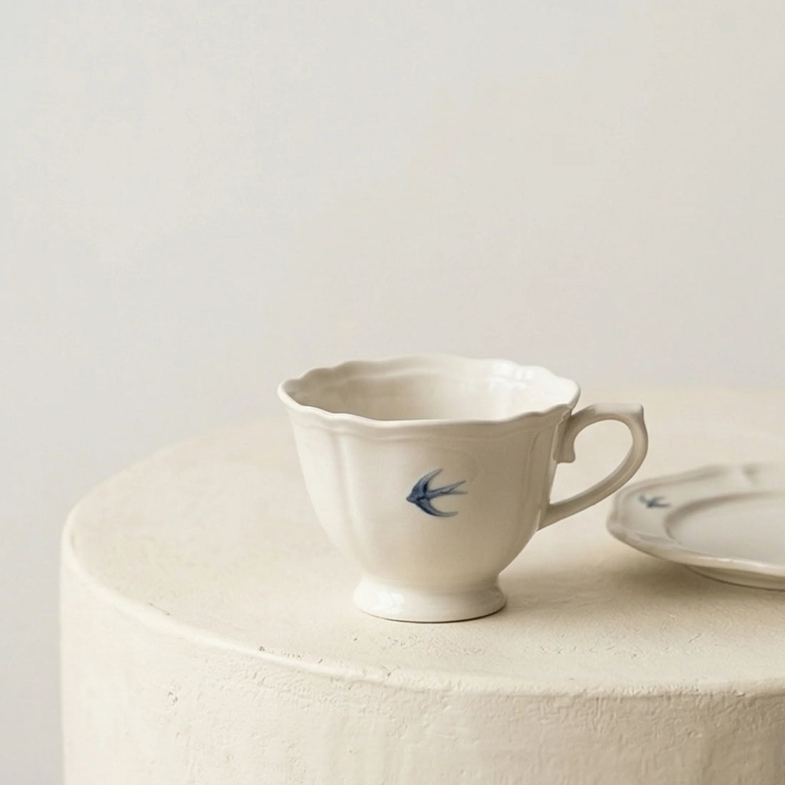 Vintage Ceramic Tableware Set with Blue Swallow Design - Dishware Collection — studio white background product shot