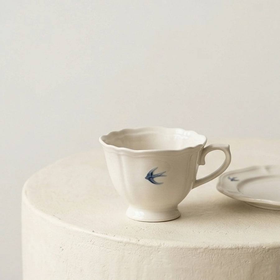 Vintage Ceramic Tableware Set with Blue Swallow Design - Dishware Collection — studio white background product shot