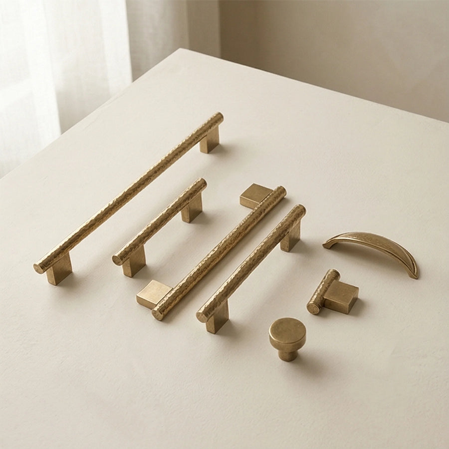 Handmade Hammered Brass Cabinet Pulls and Knobs - Luxury Gold Drawer Handles — studio white background product shot