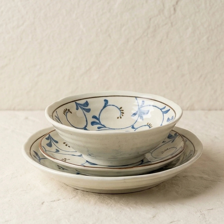 Japanese Style Jin Tang Cao Ceramic Dinnerware Set - Underglaze Blue Pattern — studio white background product shot