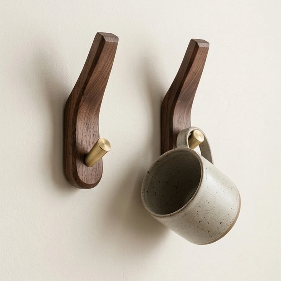 Solid Wood Wall Hook with Brass Peg for Coats and Keys — studio white background product shot