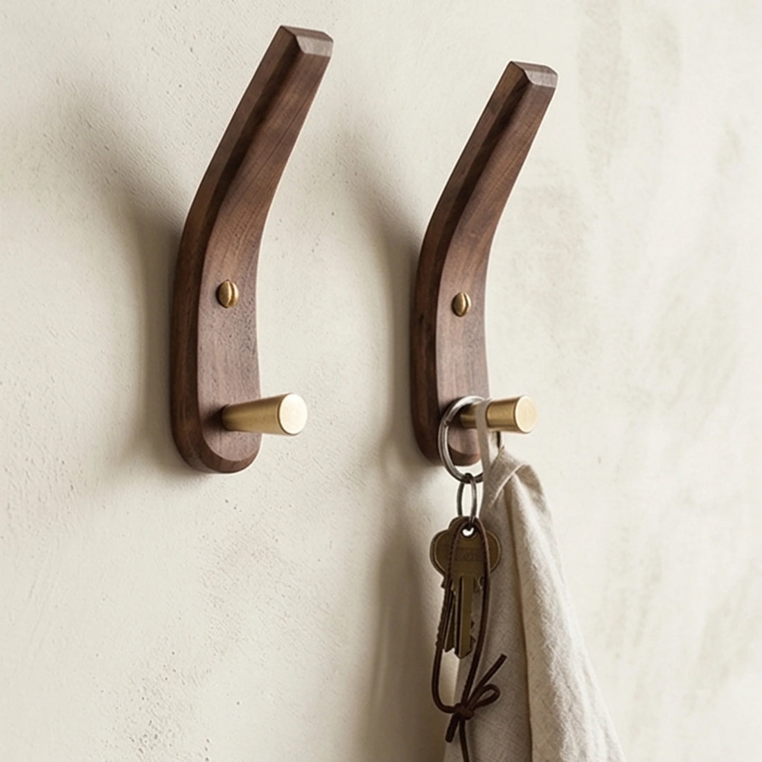Solid Wood Moon-Shaped Wall Hook with Brass Fittings for Coat and Keys — studio white background product shot