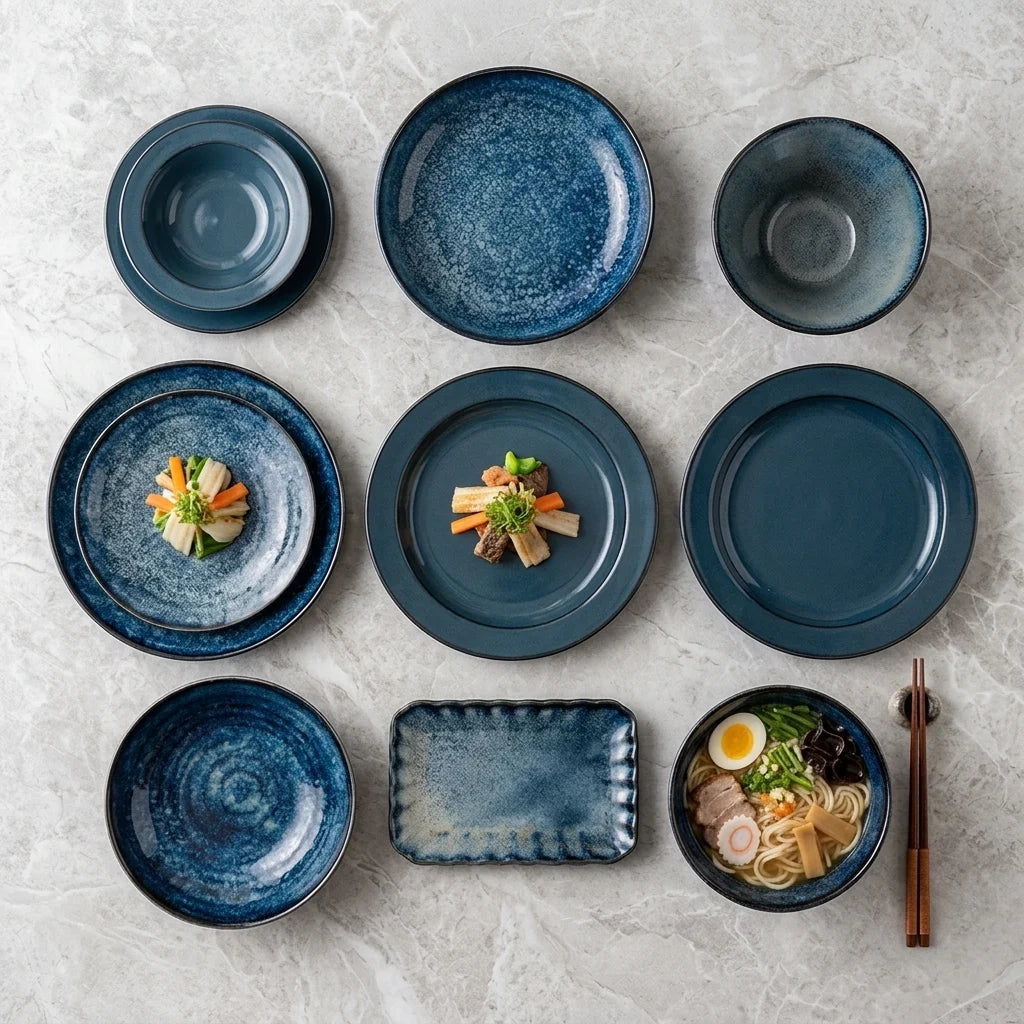 Mei Ci Kiln Japanese Style Tianmu Blue Glaze Ceramic Dinnerware Set — overhead flat-lay on linen surface