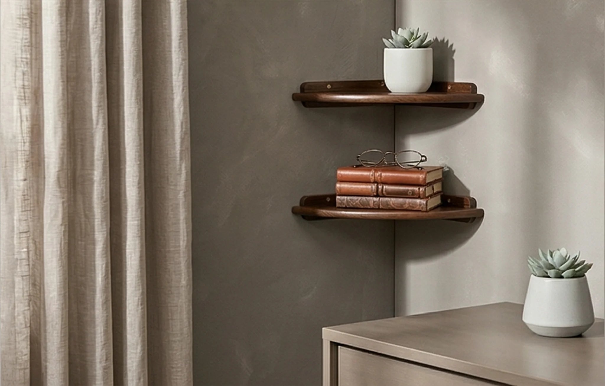 Solid Wood Corner Wall Shelf for Kitchen, Living Room, and Study — lifestyle scene on a minimalist entry console table