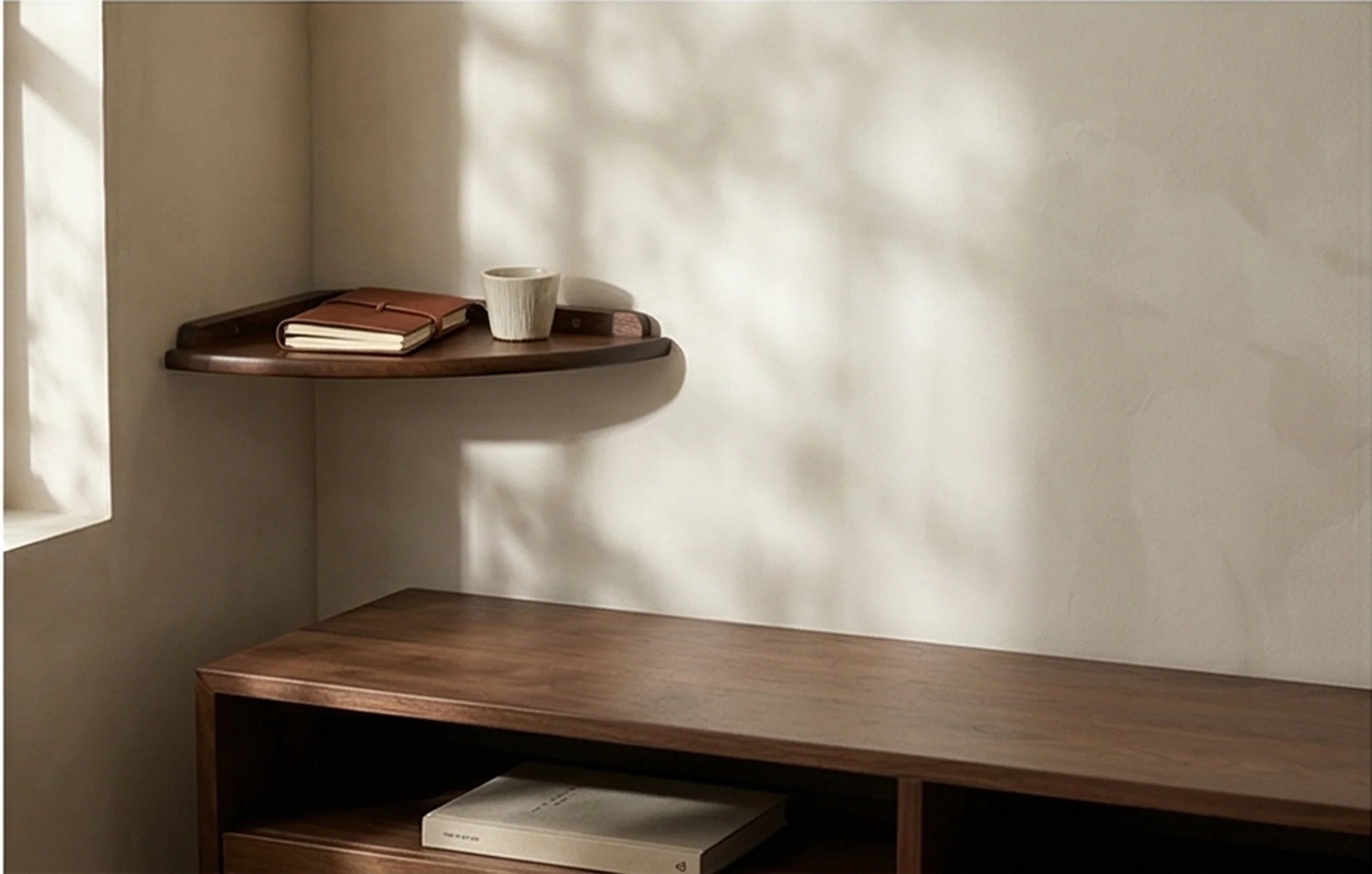 Solid Wood Corner Wall Shelf for Kitchen, Living Room, and Study — lifestyle scene on a minimalist entry console table