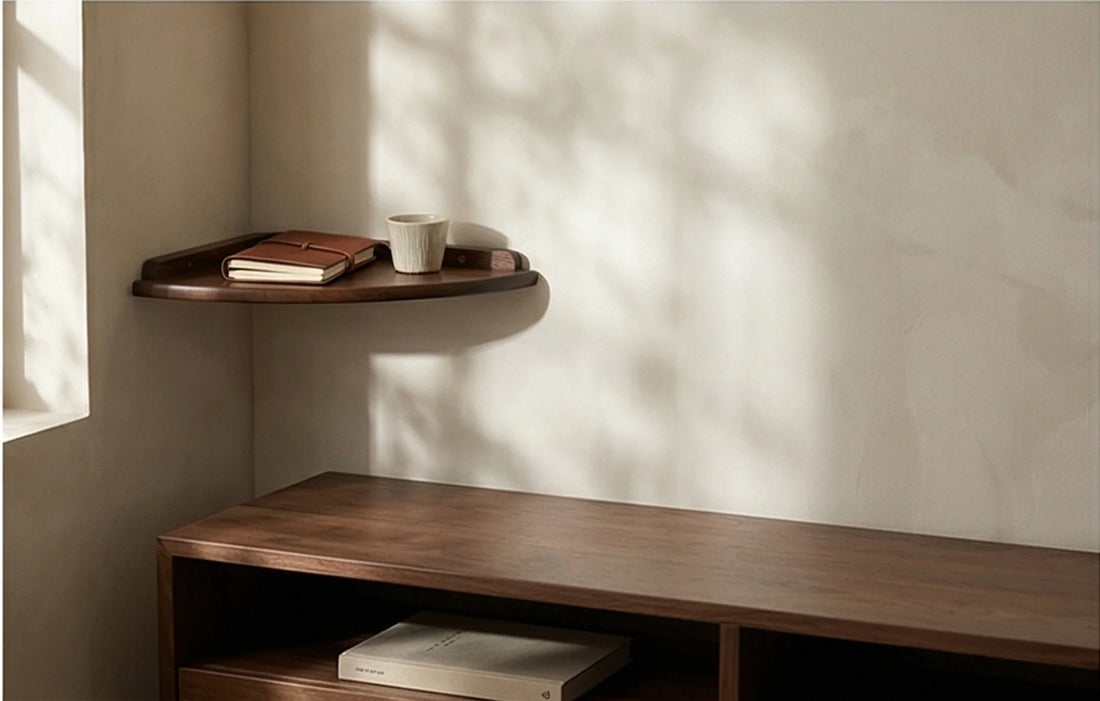 Solid Wood Corner Wall Shelf for Kitchen, Living Room, and Study — lifestyle scene on a minimalist entry console table