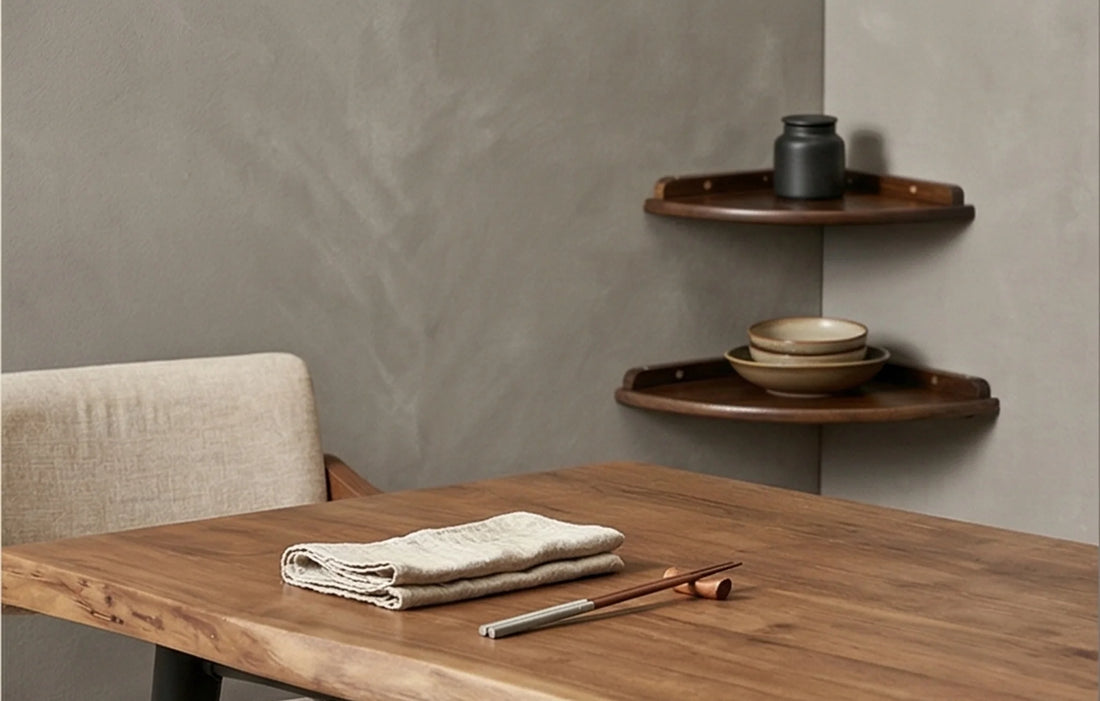 Solid Wood Corner Wall Shelf for Kitchen, Living Room, and Study — lifestyle scene in a warm Japandi living room