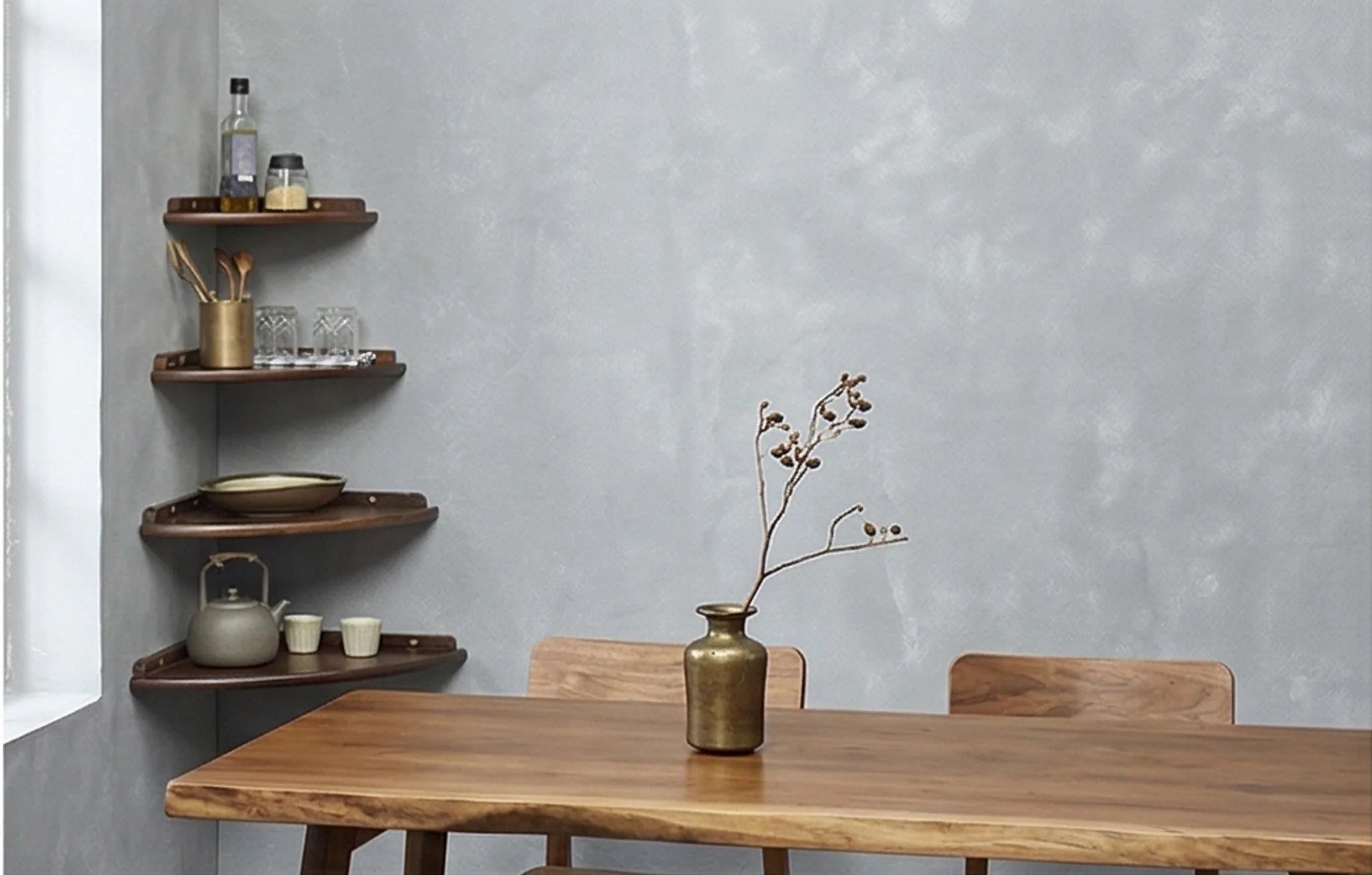 Solid Wood Corner Wall Shelf for Kitchen, Living Room, and Study — lifestyle scene in a warm Japandi living room
