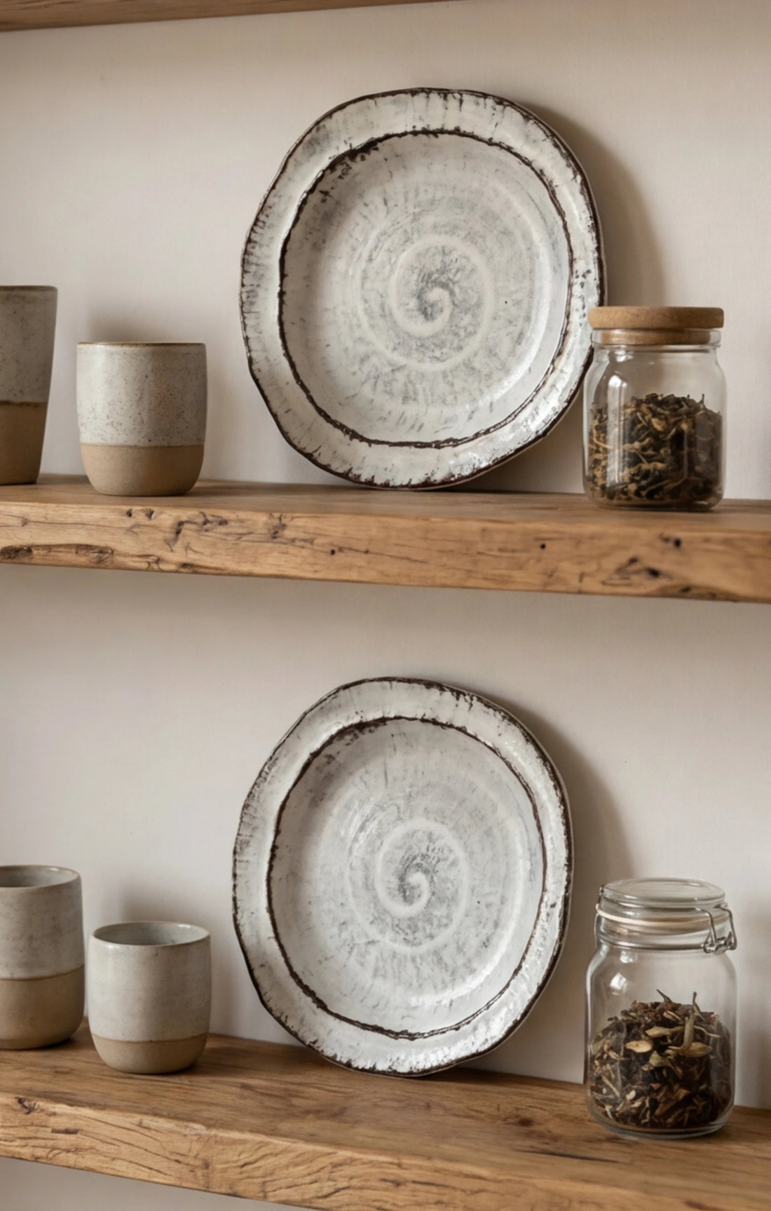 Handmade Irregular Ceramic Plate | Japanese Style Rustic Pottery Dish (19x18cm) — lifestyle scene on a minimalist Japandi kitchen shelf