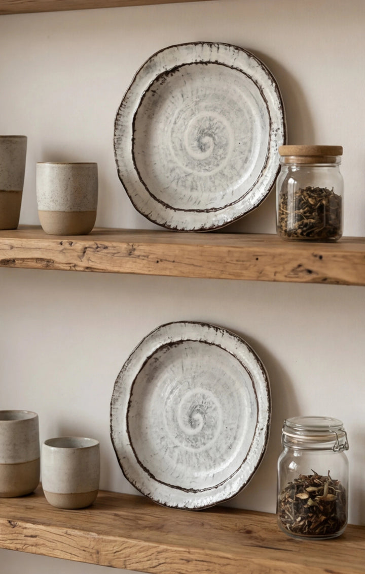 Handmade Irregular Ceramic Plate | Japanese Style Rustic Pottery Dish (19x18cm) — lifestyle scene on a minimalist Japandi kitchen shelf