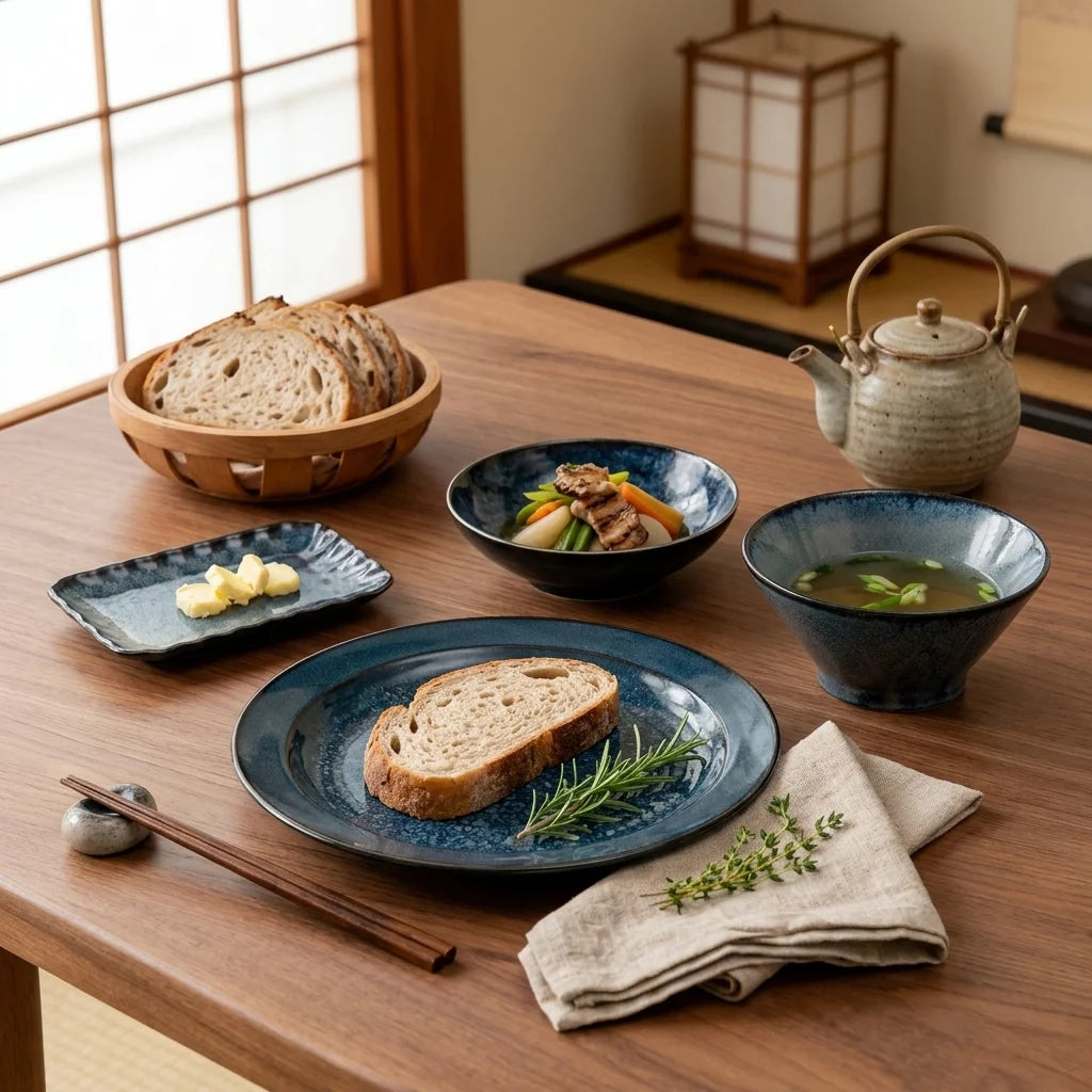 Mei Ci Kiln Japanese Style Tianmu Blue Glaze Ceramic Dinnerware Set — lifestyle dining table scene with natural props