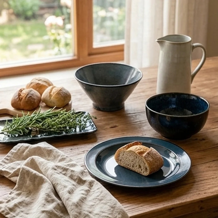 Mei Ci Kiln Japanese Style Tianmu Blue Glaze Ceramic Dinnerware Set — lifestyle dining table scene with natural props