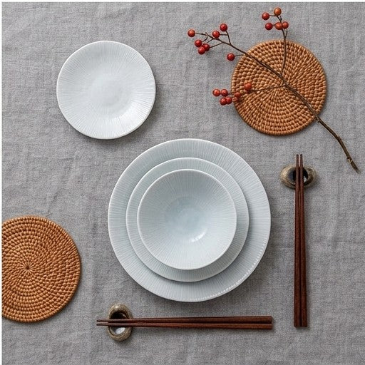 Mei Zun Ceramics Japanese Style Underglaze Porcelain Bowls & Plates Set - Thousand Layers Pattern