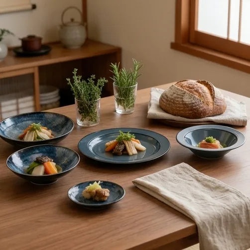 Ceramic tableware styled on dining table
