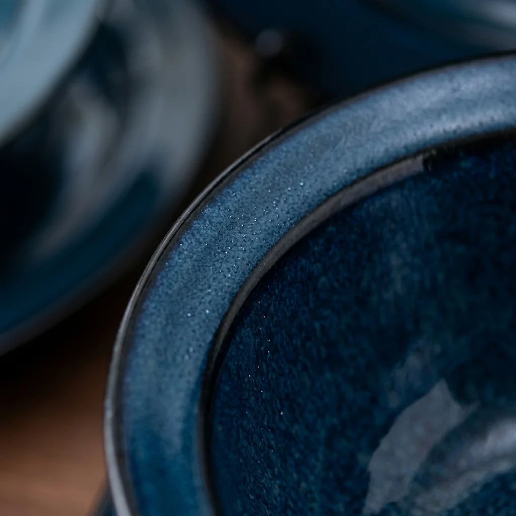 Mei Ci Kiln Japanese Style Tianmu Blue Glaze Ceramic Dinnerware Set — macro close-up of ceramic glaze texture and finish