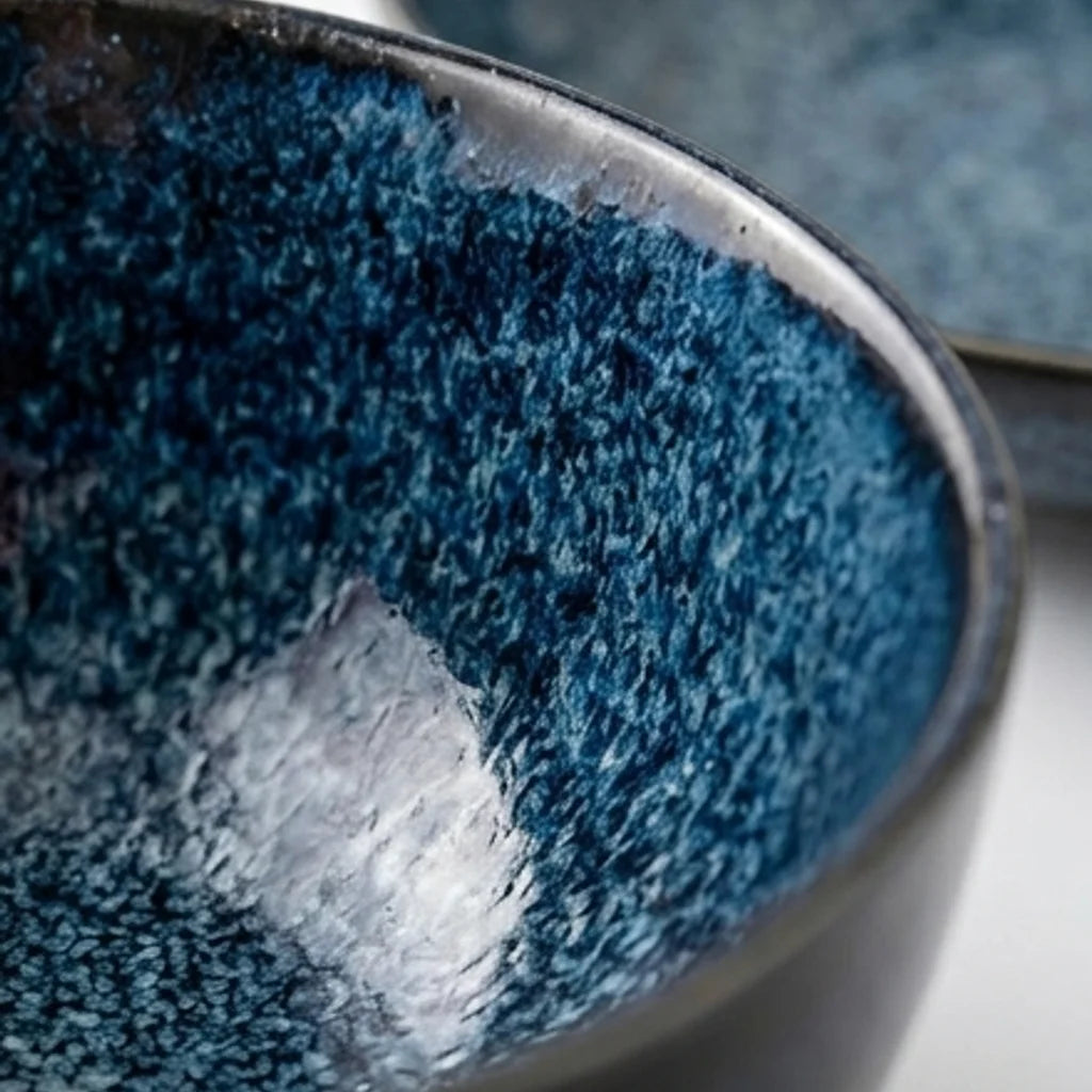 Mei Ci Kiln Japanese Style Tianmu Blue Glaze Ceramic Dinnerware Set — macro close-up of ceramic glaze texture and finish