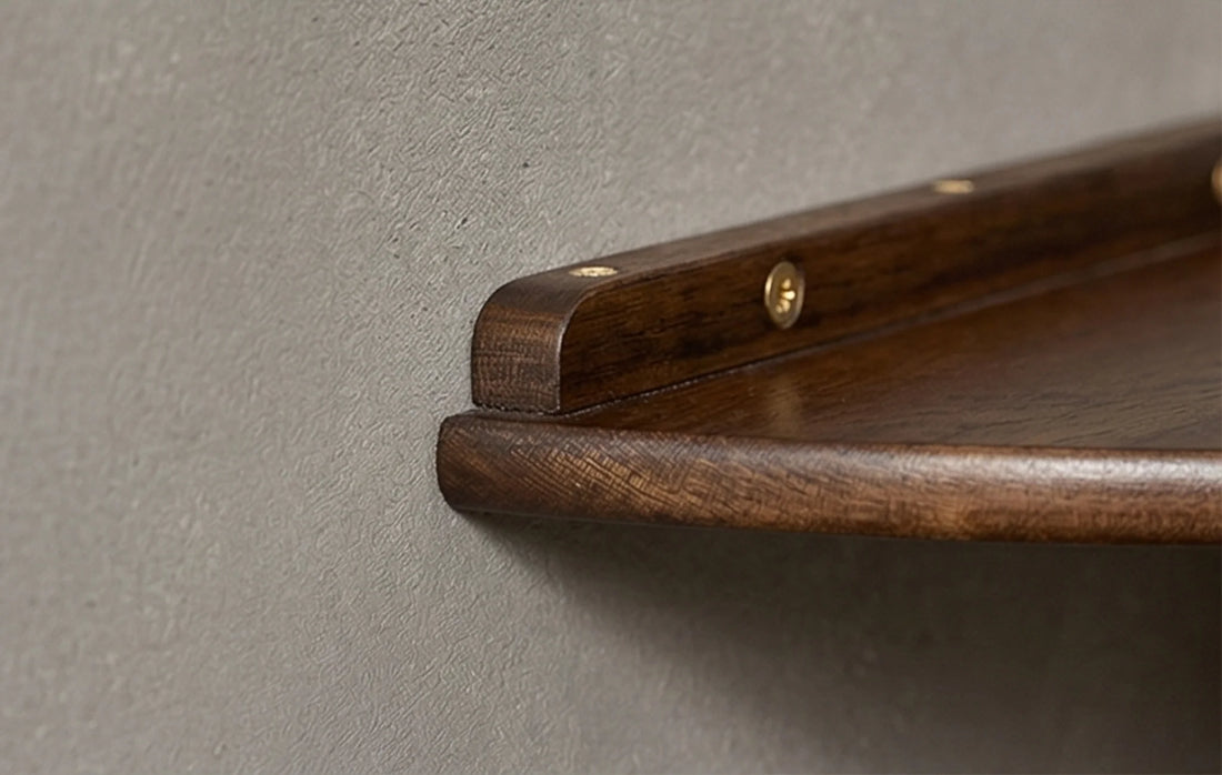 Solid Wood Corner Wall Shelf for Kitchen, Living Room, and Study — detailed close-up focused on the edge and hand-brushed finish