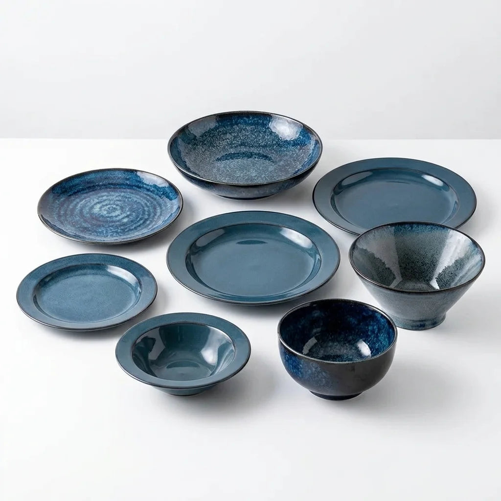 Mei Ci Kiln Japanese Style Tianmu Blue Glaze Ceramic Dinnerware Set — studio white background product shot