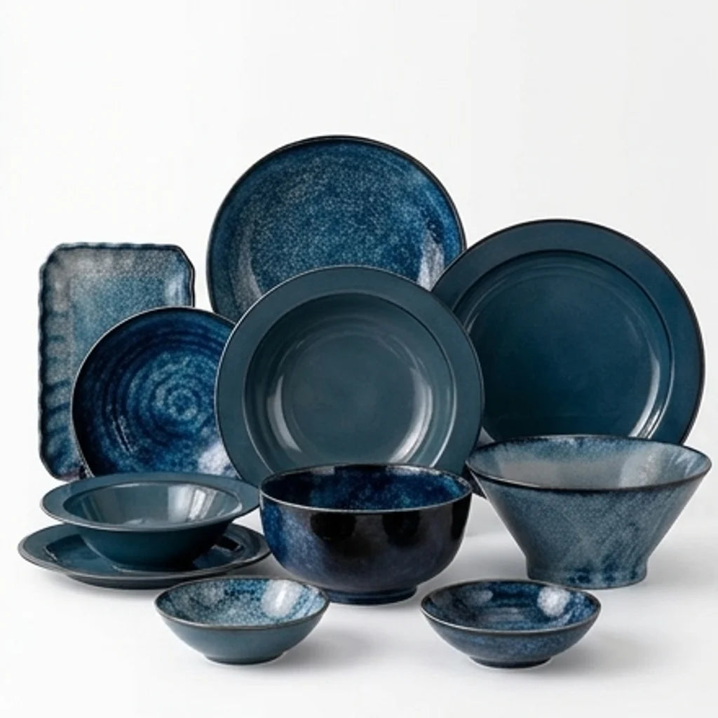 Mei Ci Kiln Japanese Style Tianmu Blue Glaze Ceramic Dinnerware Set — studio white background product shot