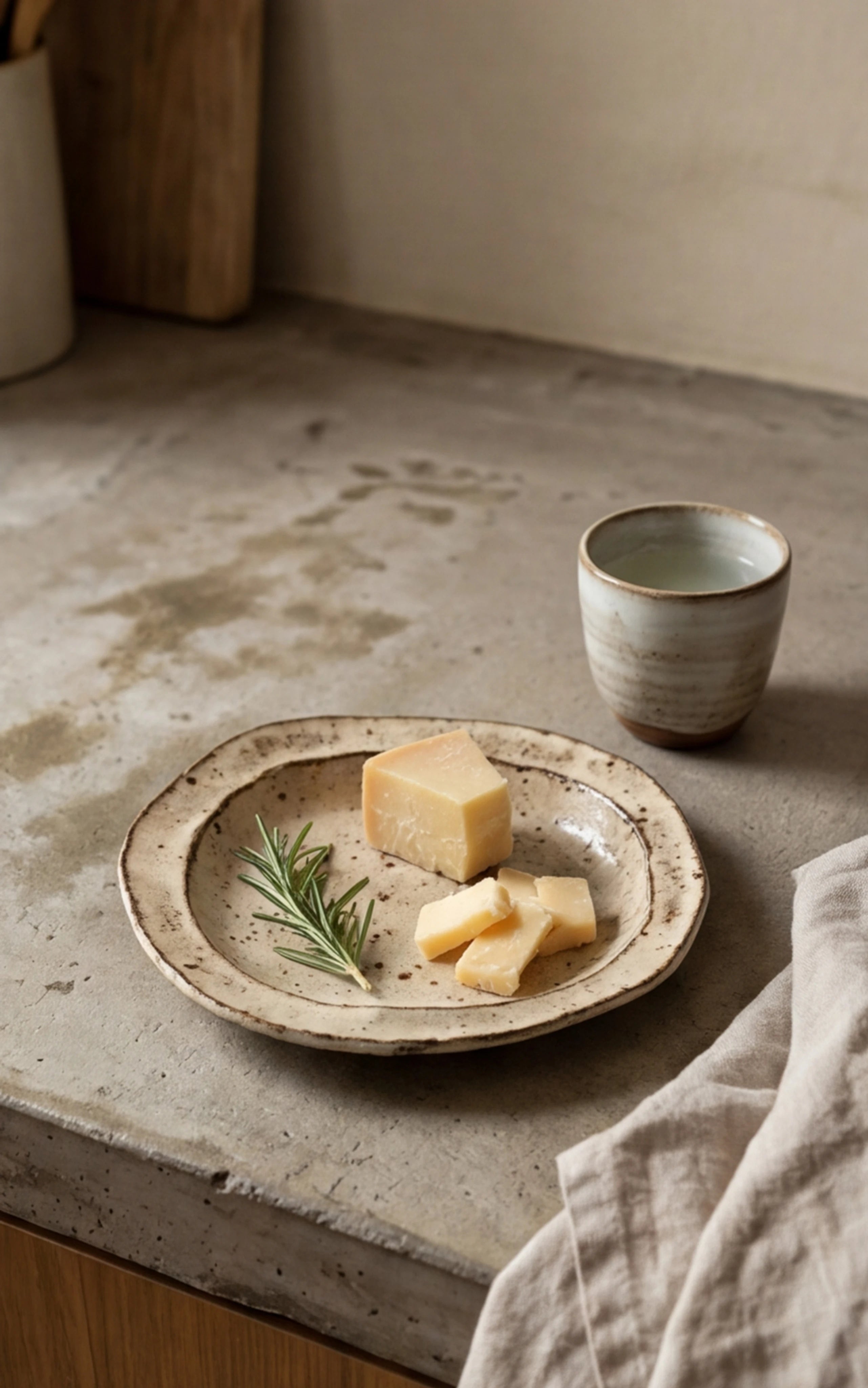 Handmade Irregular Ceramic Plate | Japanese Style Rustic Pottery Dish (19x18cm) — lifestyle scene on a minimalist Japandi kitchen shelf (v4 refined)