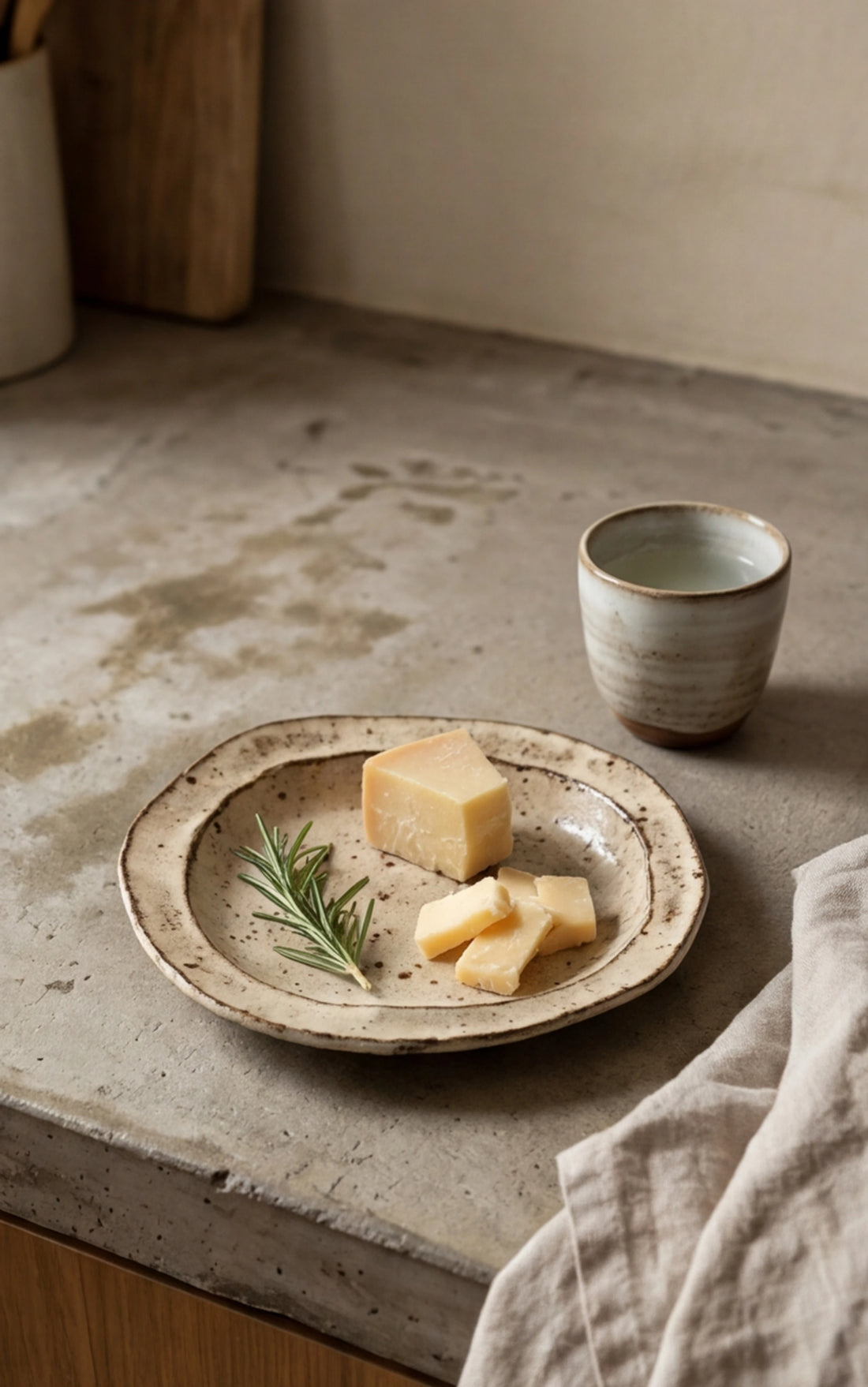 Handmade Irregular Ceramic Plate | Japanese Style Rustic Pottery Dish (19x18cm) — lifestyle scene on a minimalist Japandi kitchen shelf (v4 refined)