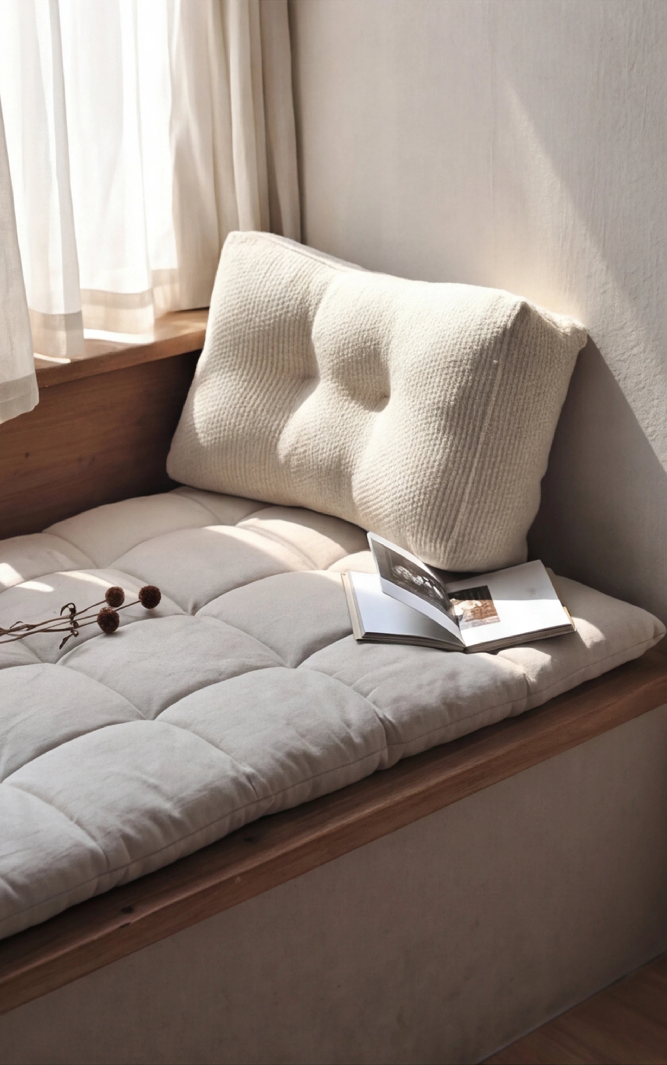 Linen Bay Window Cushion Floor Mattress with Backrest Pillow Set — lifestyle scene in a warm Japandi home