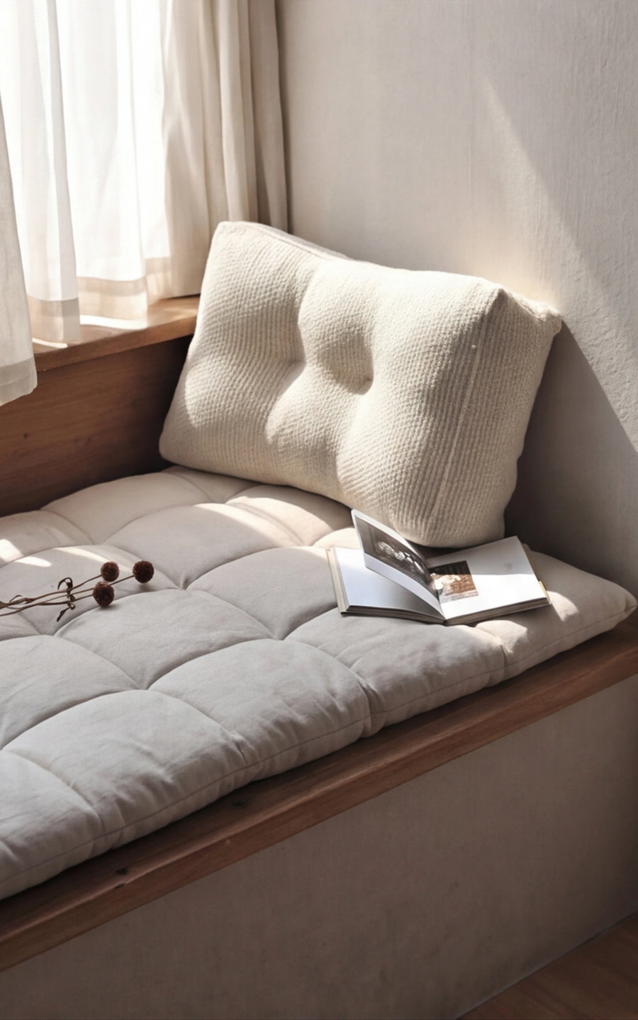 Linen Bay Window Cushion Floor Mattress with Backrest Pillow Set — lifestyle scene in a warm Japandi home