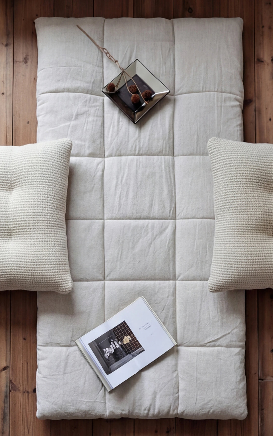 Linen Bay Window Cushion Floor Mattress with Backrest Pillow Set — overhead flat-lay with minimalist props
