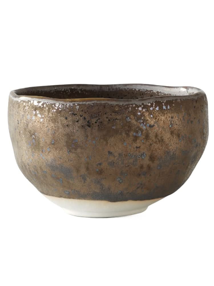 Japanese imported Mino-yaki wedge-shaped matcha bowl, metallic bronze speckled ceramic.