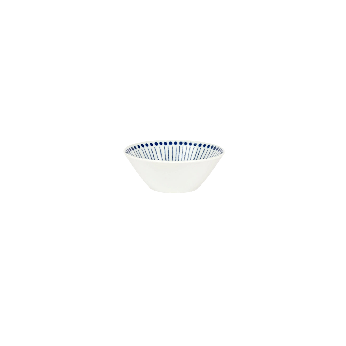 Blue & White Dotted Rim Ceramic Bowl with radiating blue stripes.