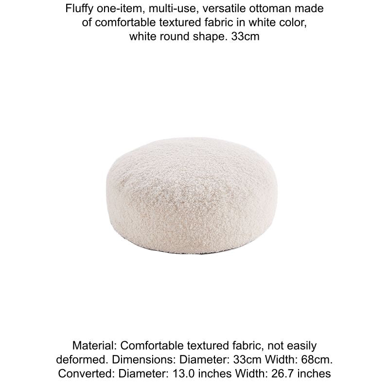Fluffy white round bean bag chair cushion, textured fabric, cozy seating for home.