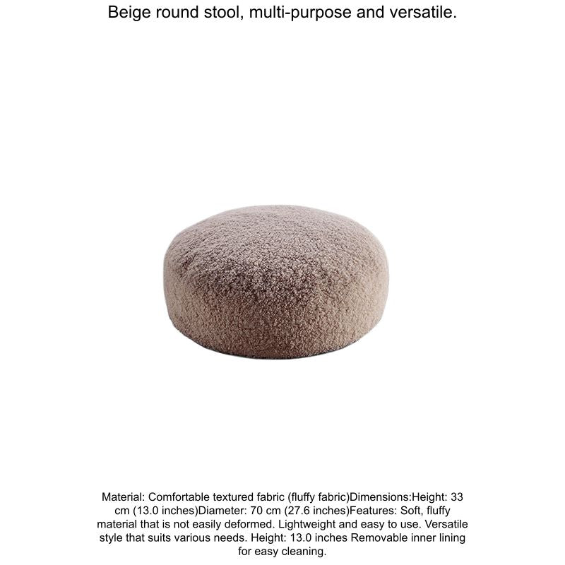 Fluffy round bean bag cushion in beige textured fabric, cozy seating.