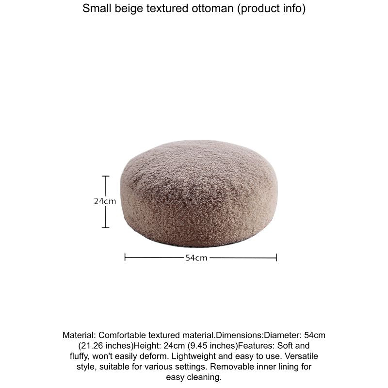 Fluffy beige round bean bag chair cushion, textured, cozy seating for living room.