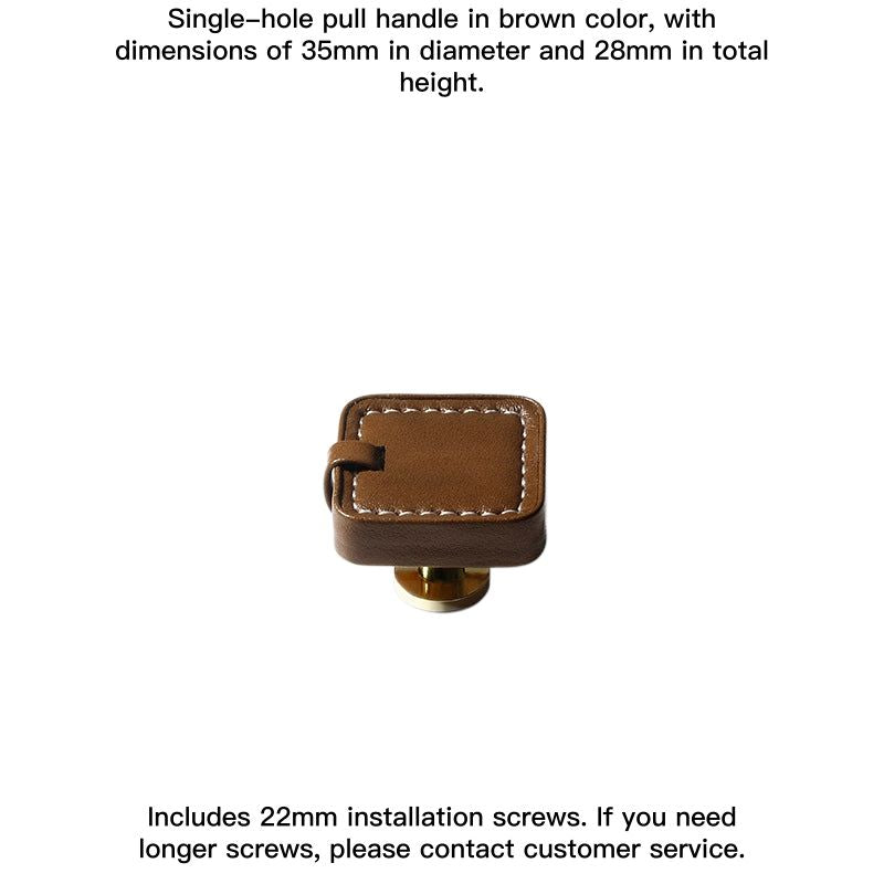 Brown square leather drawer pull, decorative cabinet knob with white stitching. Home decor.
