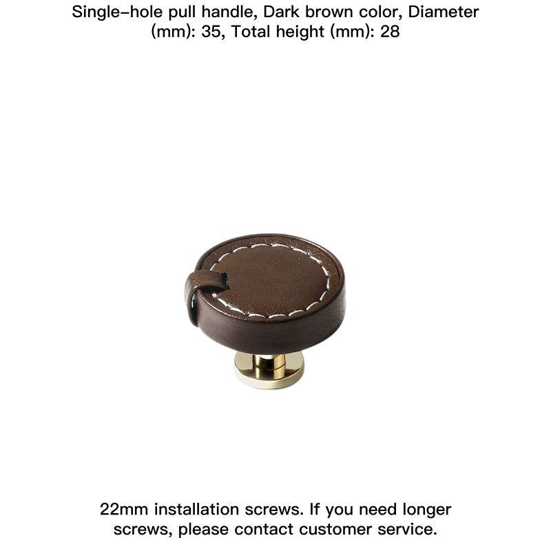 Dark brown round leather drawer pull with white stitching, brass base. Decorative Leather Drawer Pulls.