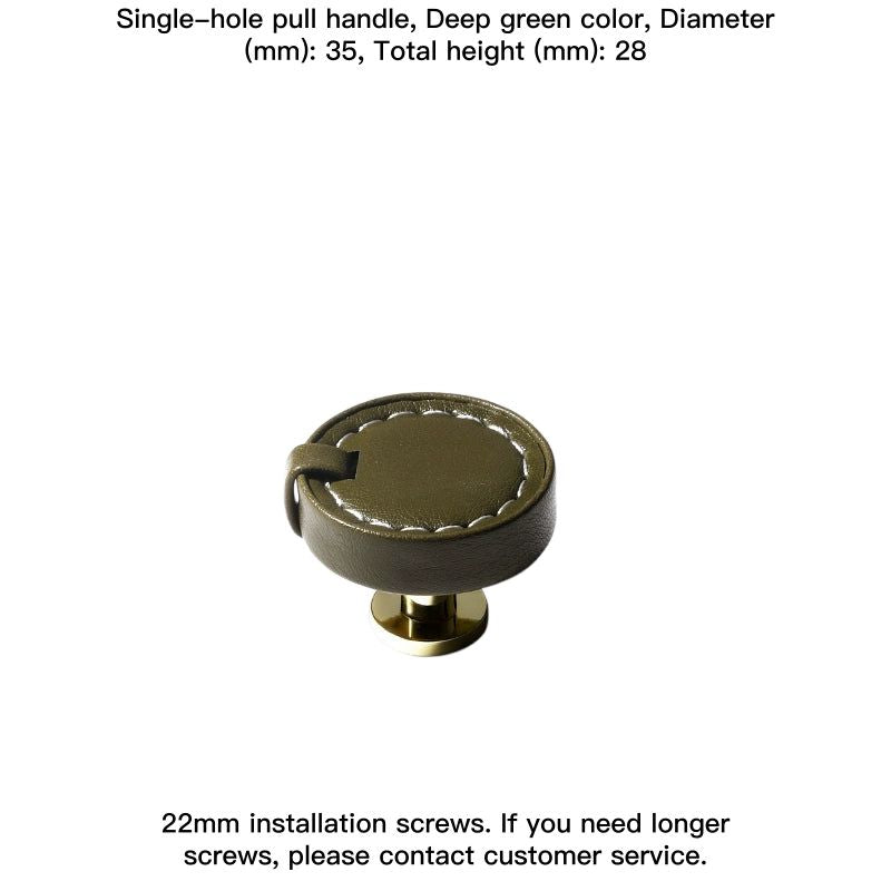 Deep green leather decorative drawer pull with gold base, round style.