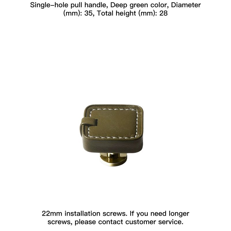 Deep green leather square drawer pull with white stitching and brass base.