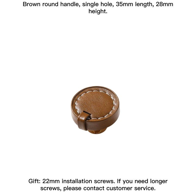 Brown leather-wrapped round drawer pull, modern farmhouse style cabinet handle.