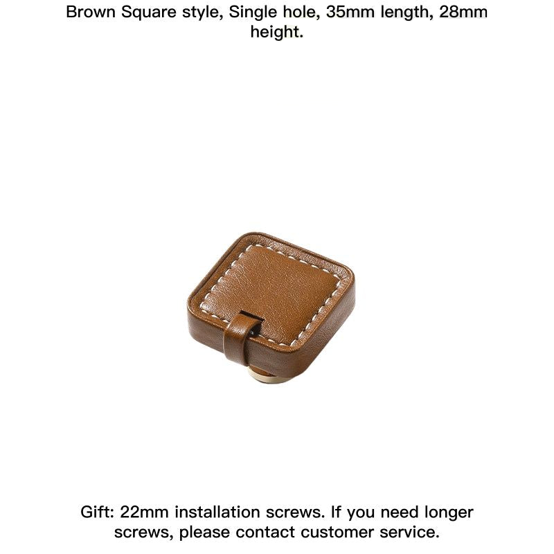 Brown leather-wrapped square drawer pull with white stitching, modern farmhouse style.