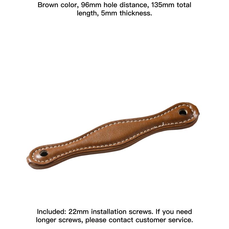 Brown leather-wrapped drawer pull & cabinet handle, farmhouse style, 96mm hole distance.