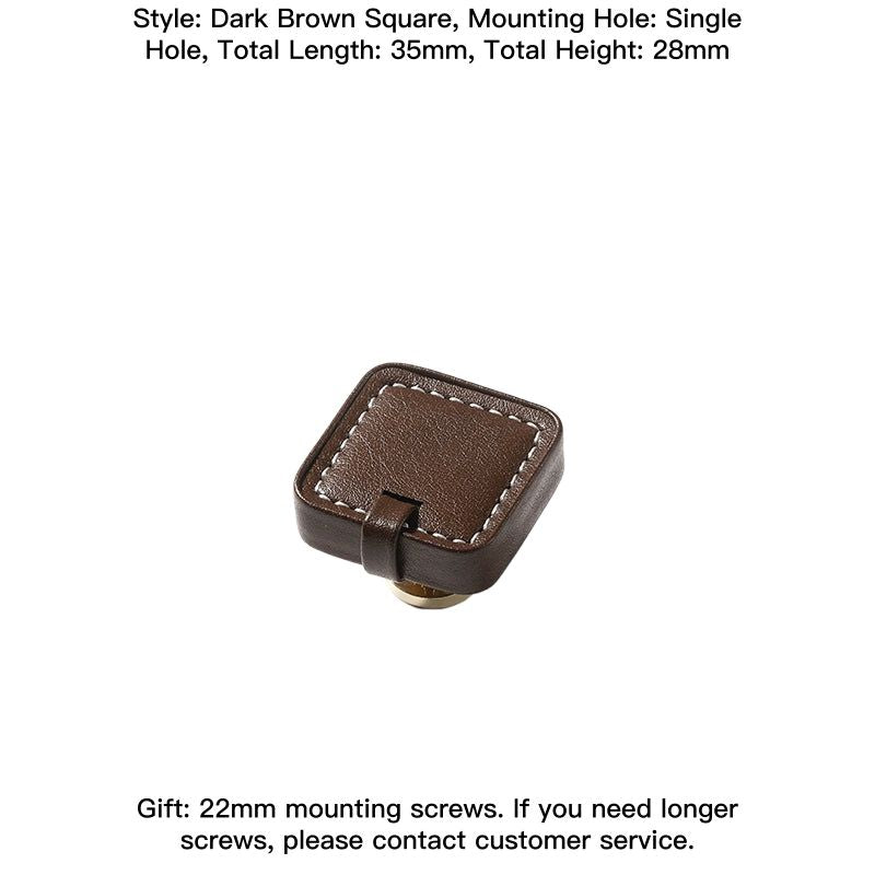 Brown leather-wrapped square drawer pull, modern farmhouse style, with white stitching.