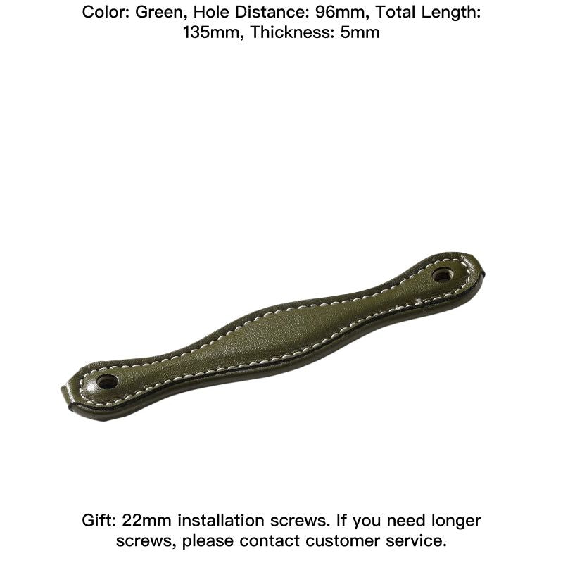 Green leather drawer pull with white stitching, modern farmhouse style.