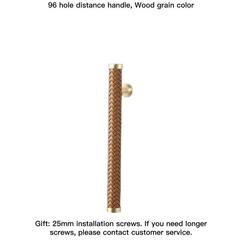 Woven leather drawer pulls in gold tone, detailed braided texture.