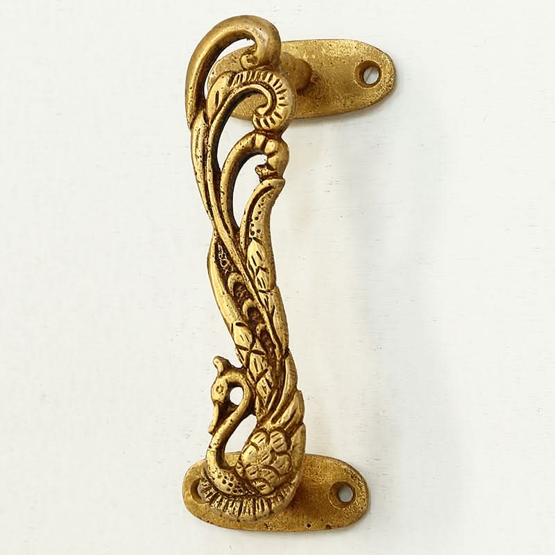 Gold brass Phoenix Double Door Handle Handmade, ornate peacock design, home decor accent