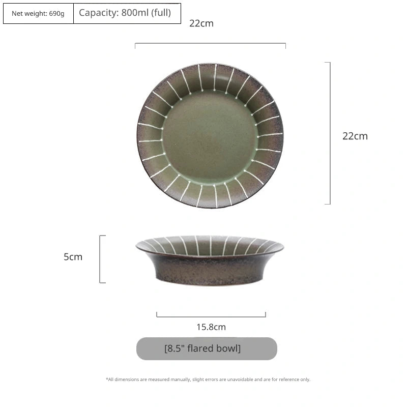 Overhead and side view of an 8-inch green ceramic plate with a slightly raised rim and white stripes, 20cm.