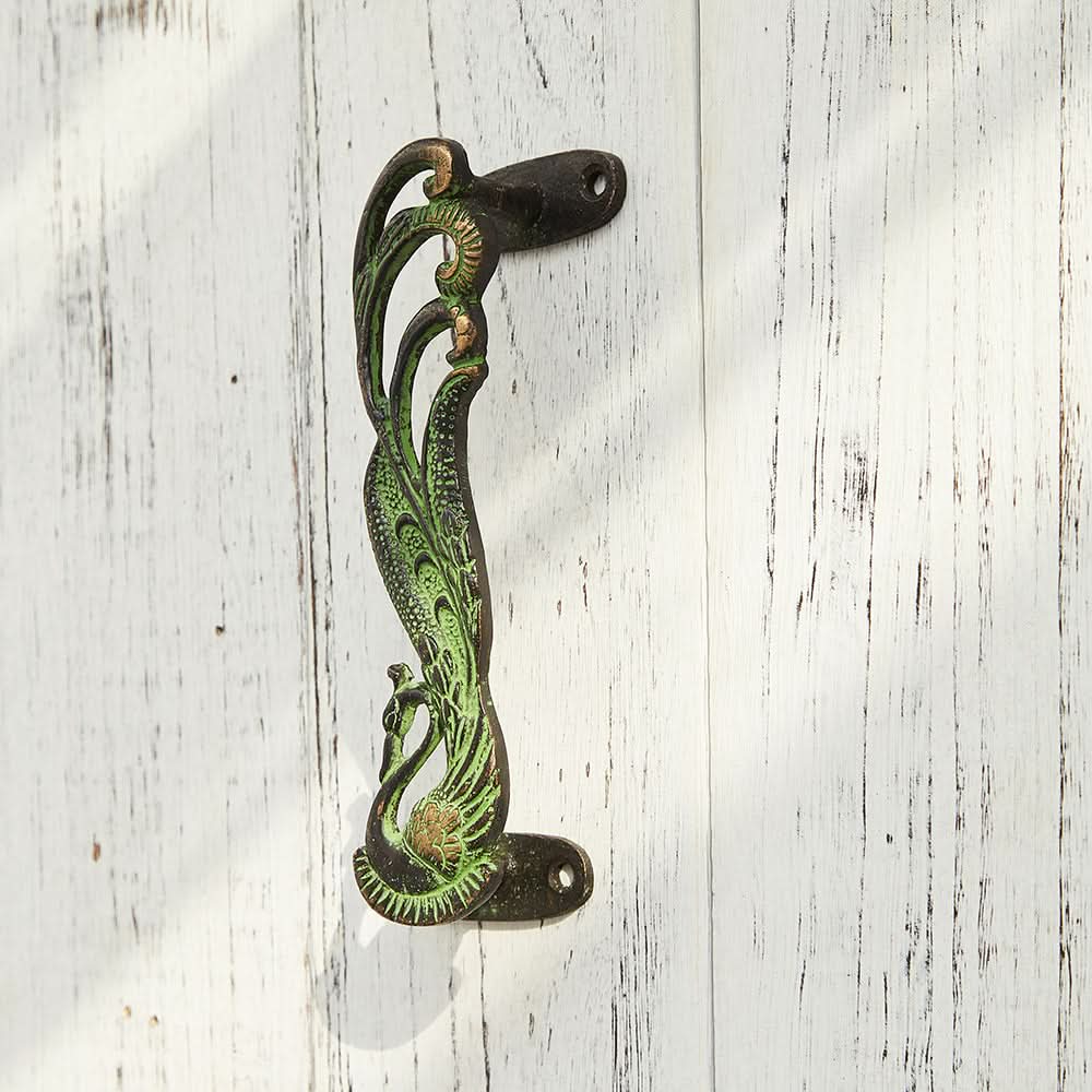 Phoenix Brass Double Door Handle, antique green, handmade home decor.