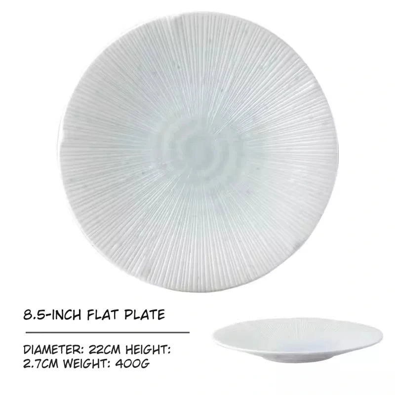 8.5 inch flat plate dimensions: 22cm dia, 2.7cm high, 400g weight.