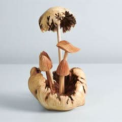 Hand-carved mushroom sculpture in natural wood tones, with detailed caps and stems, set in a rustic wooden base.