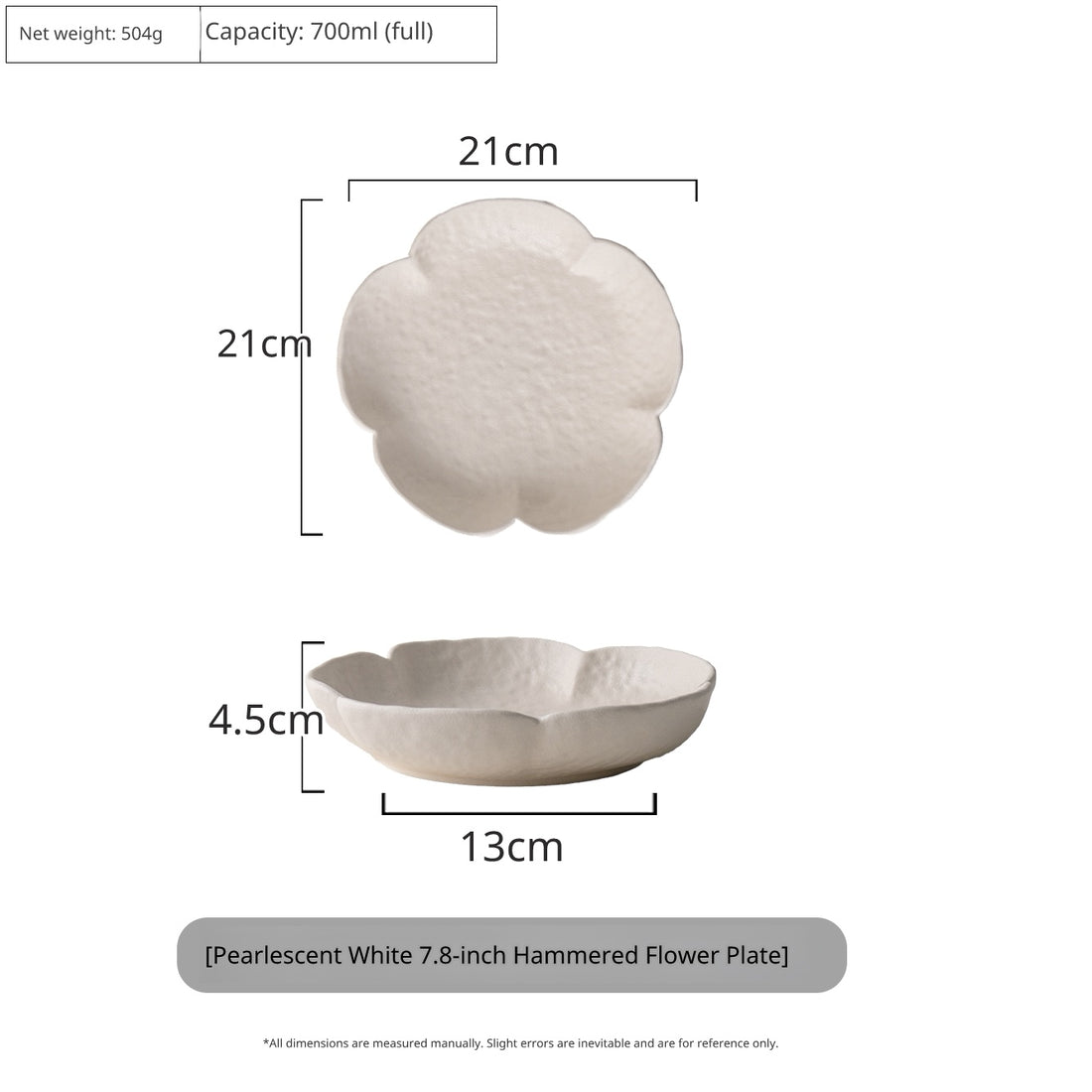 7.8-inch Pearl White dimpled flower-shaped ceramic serving plate, soft irregular edges.