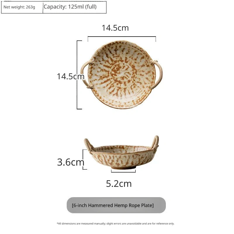 6-inch dimpled ceramic shallow serving dish with handles, brown and cream speckled glaze.
